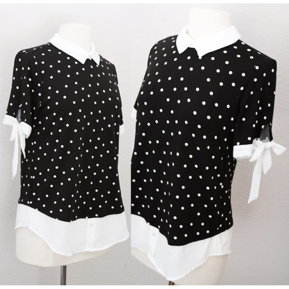 Faith and Joy Tops - Polka Dots Peterpan Collar Bow Cuffs Layered Top
